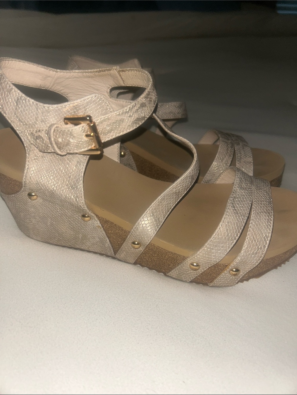 Volatile Metallic Taupe Strappy Wedge Sandals